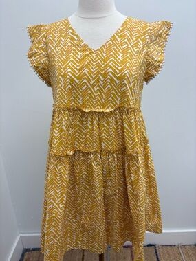 THML Yellow & White Patterned V-Neck Tiered Mini Dress